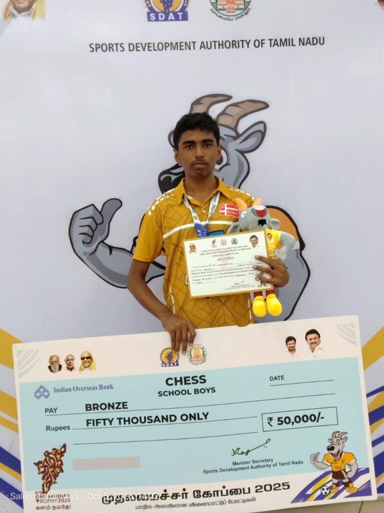 கல்வி இன்டர்நேஷனல் பொது பள்ளி மாணவன் மாநில அளவிலான சதுரங்கப் போட்டியில் வெண்கலப் பதக்கம்…