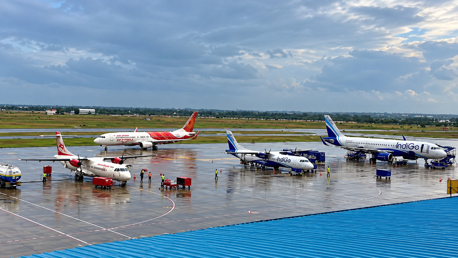 Rain-Soaked Airport Apron with Air India and IndiGo Jets