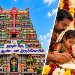 Vibrant Temple Tower and Rice Ritual