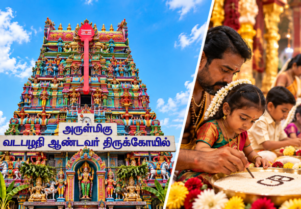 Vibrant Temple Tower and Rice Ritual