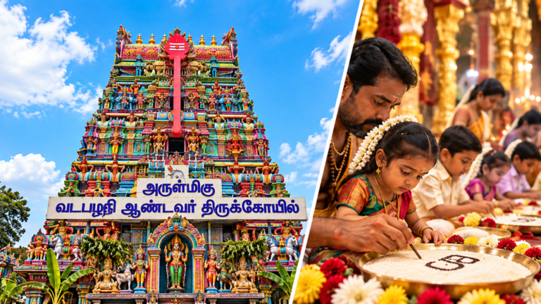 Vibrant Temple Tower and Rice Ritual